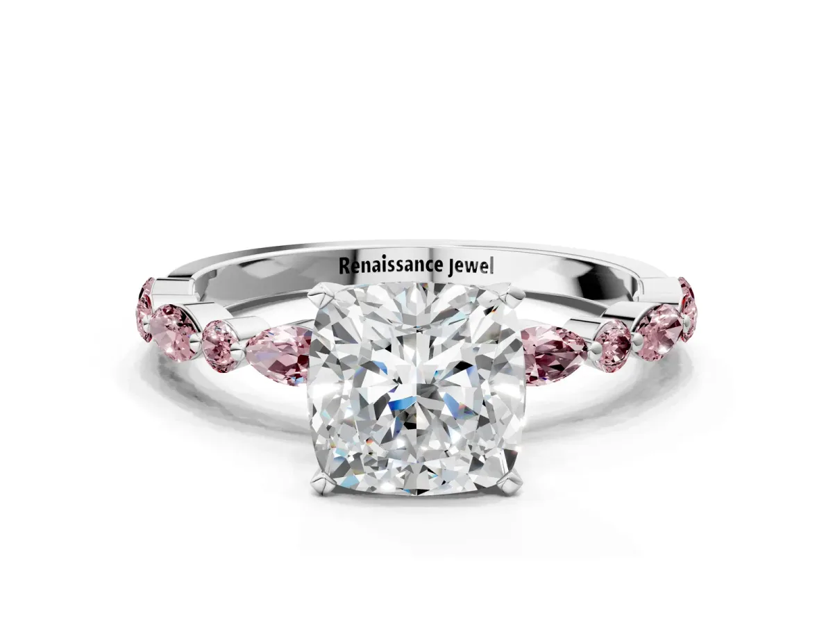 Cushion Cut Diamond Ring with Marquise and Round Morganite Side Stones and Four-Prong Setting White gold