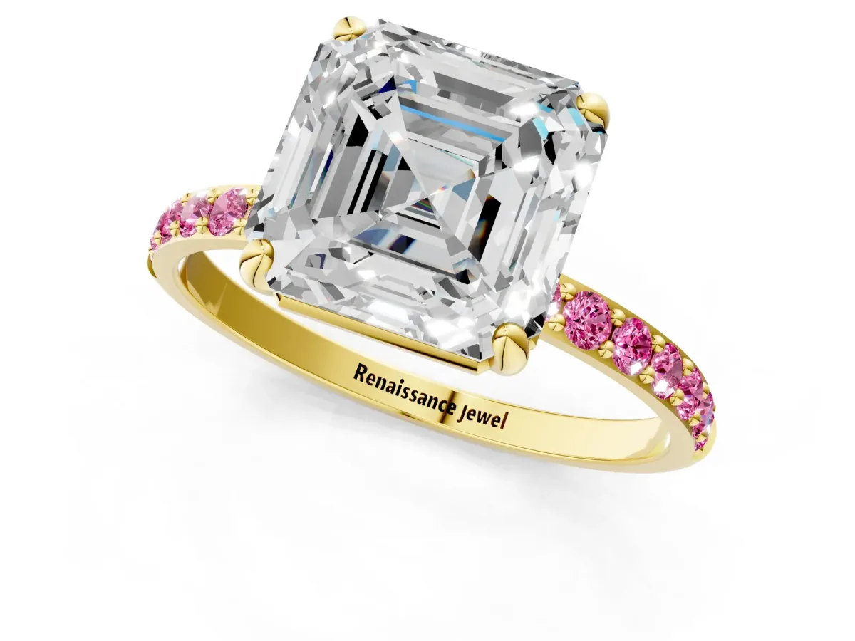 Asscher Cut Diamond Solitaire Ring with Round Pink Sapphire Pavé Band and Prong Setting Yellow gold