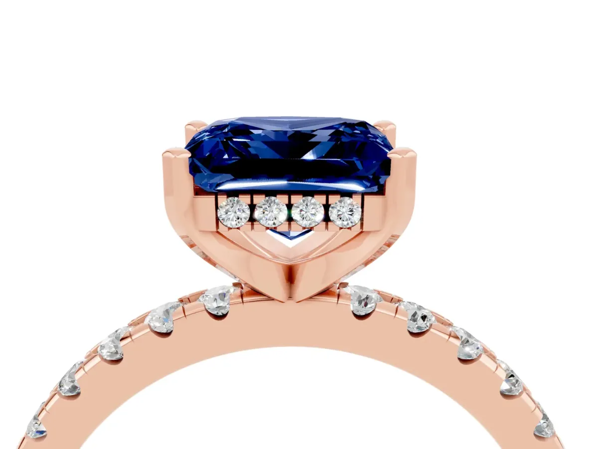 Princess Cut Blue Sapphire Solitaire Ring with Round Pavé Band and Four-Prong Setting Rose gold