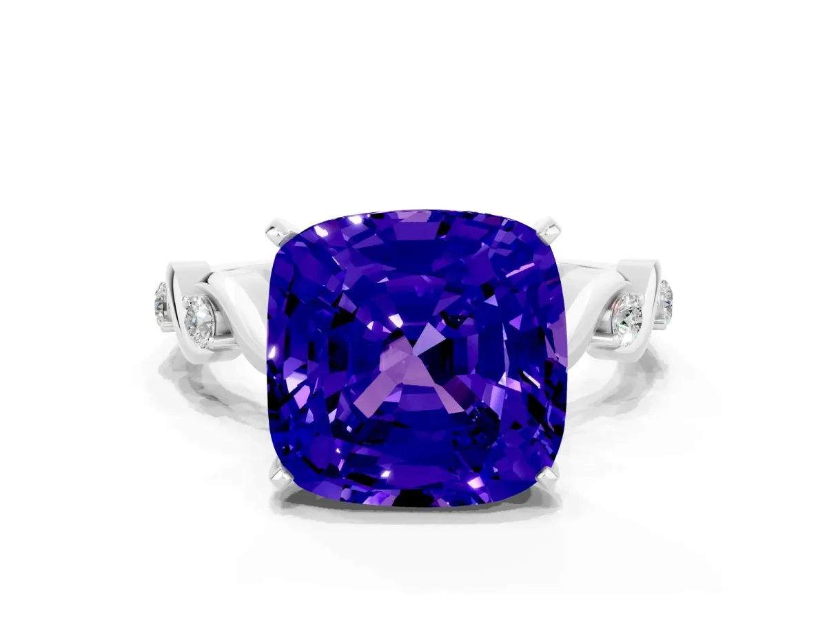Cushion Cut Tanzanite Solitaire Twisted Band with Round Accents and Prong Setting White gold