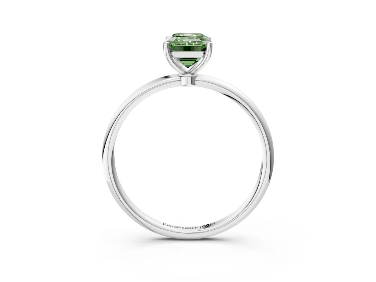 Fancy Green Emerald Cut Cut Solitaire Engagement Ring with Thin Band and Four-Prong Setting Silver