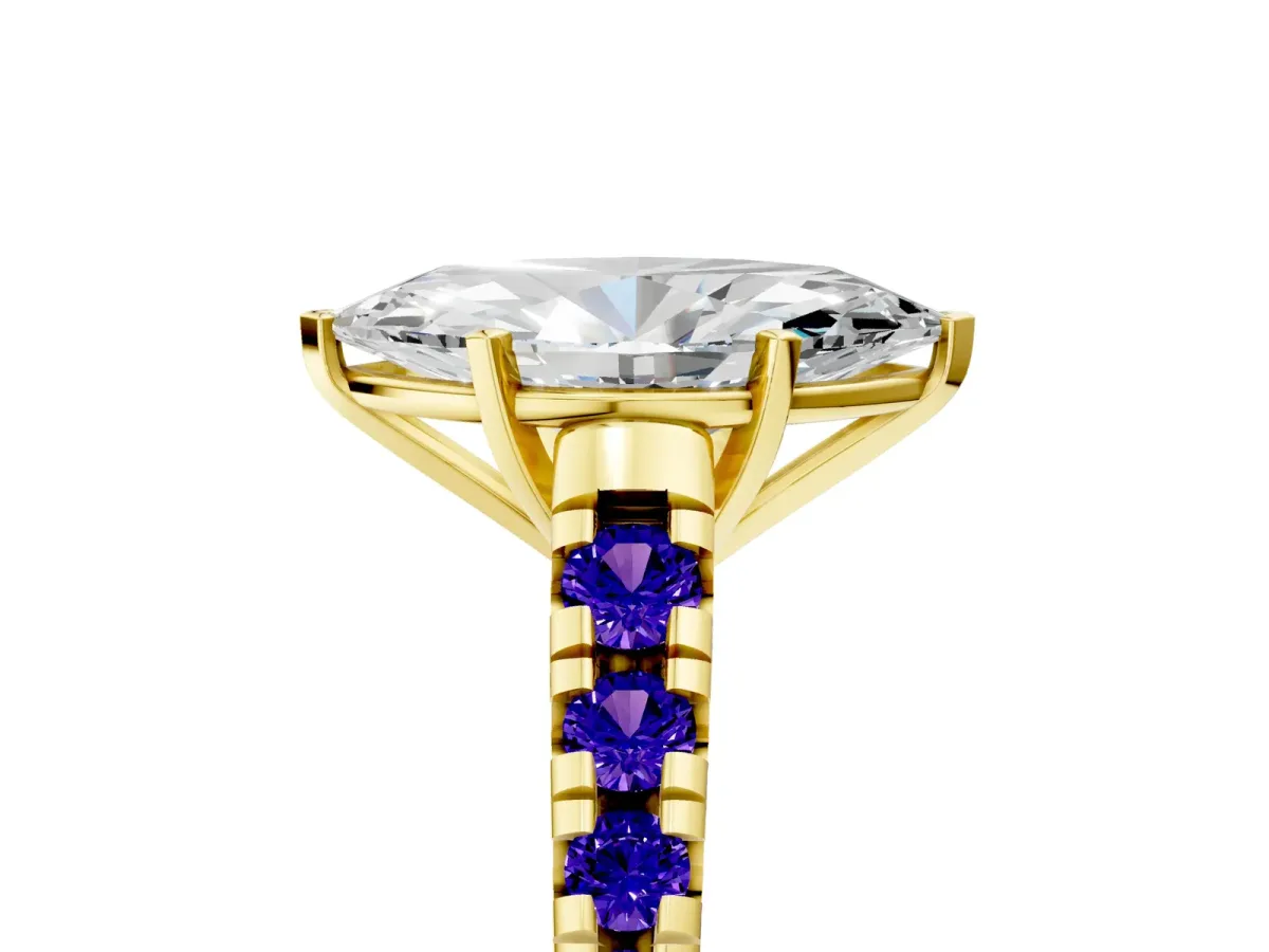 Marquise Cut Diamond Cathedral Solitaire Ring with Round Tanzanite Pavé Band Yellow gold