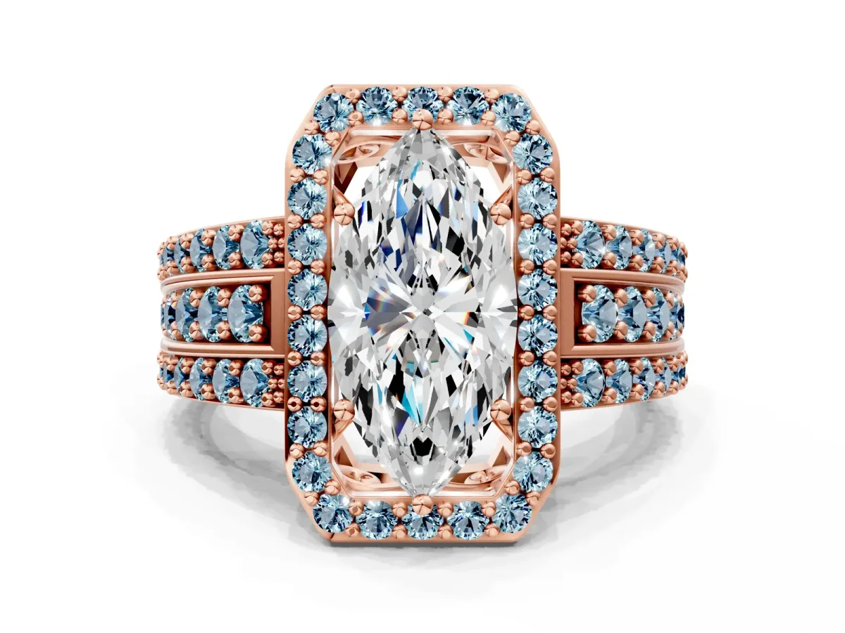 Marquise Cut Halo Diamond Ring with Round Aquamarine Split Shank and Prong Setting Rose gold