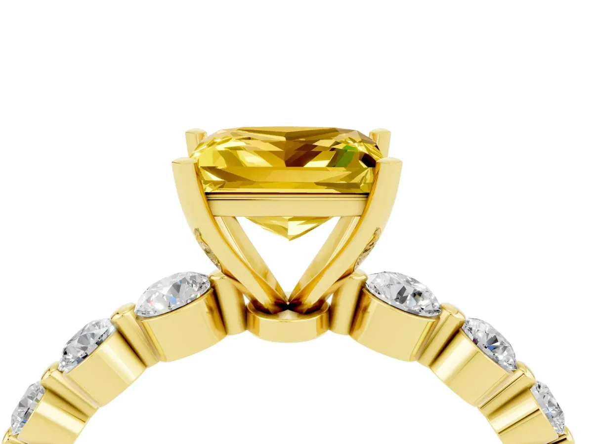 Princess Cut Solitaire Yellow Sapphire Ring with Pave Band and Four-Prong Setting Yellow gold