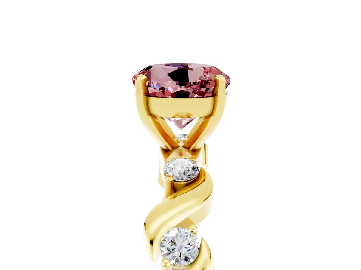Round Cut Morganite Solitaire Twisted Band with Round Accents and Prong Setting Yellow gold