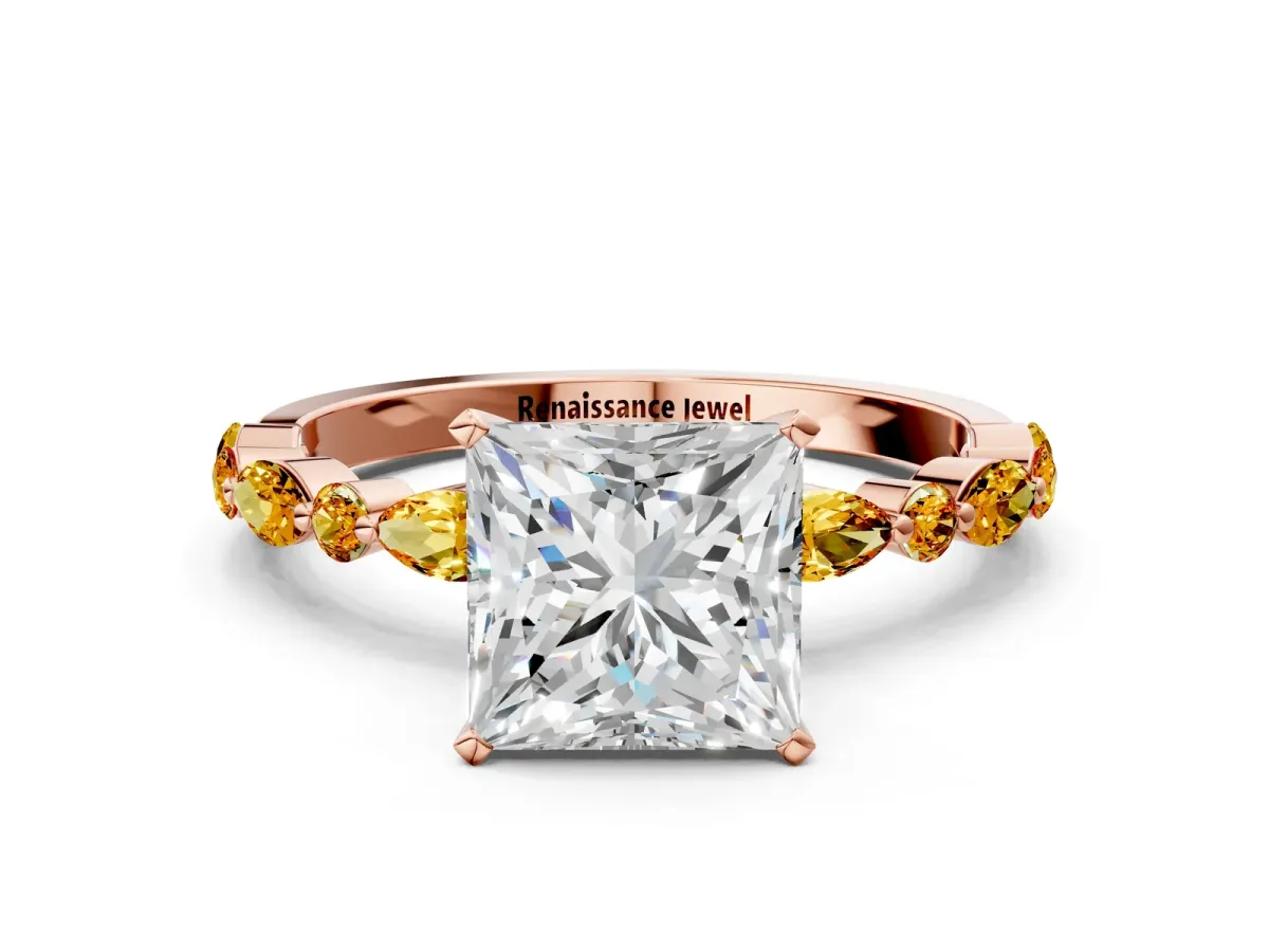 Princess Cut Diamond Ring with Marquise and Round Citrine Side Stones and Four-Prong Setting Rose gold