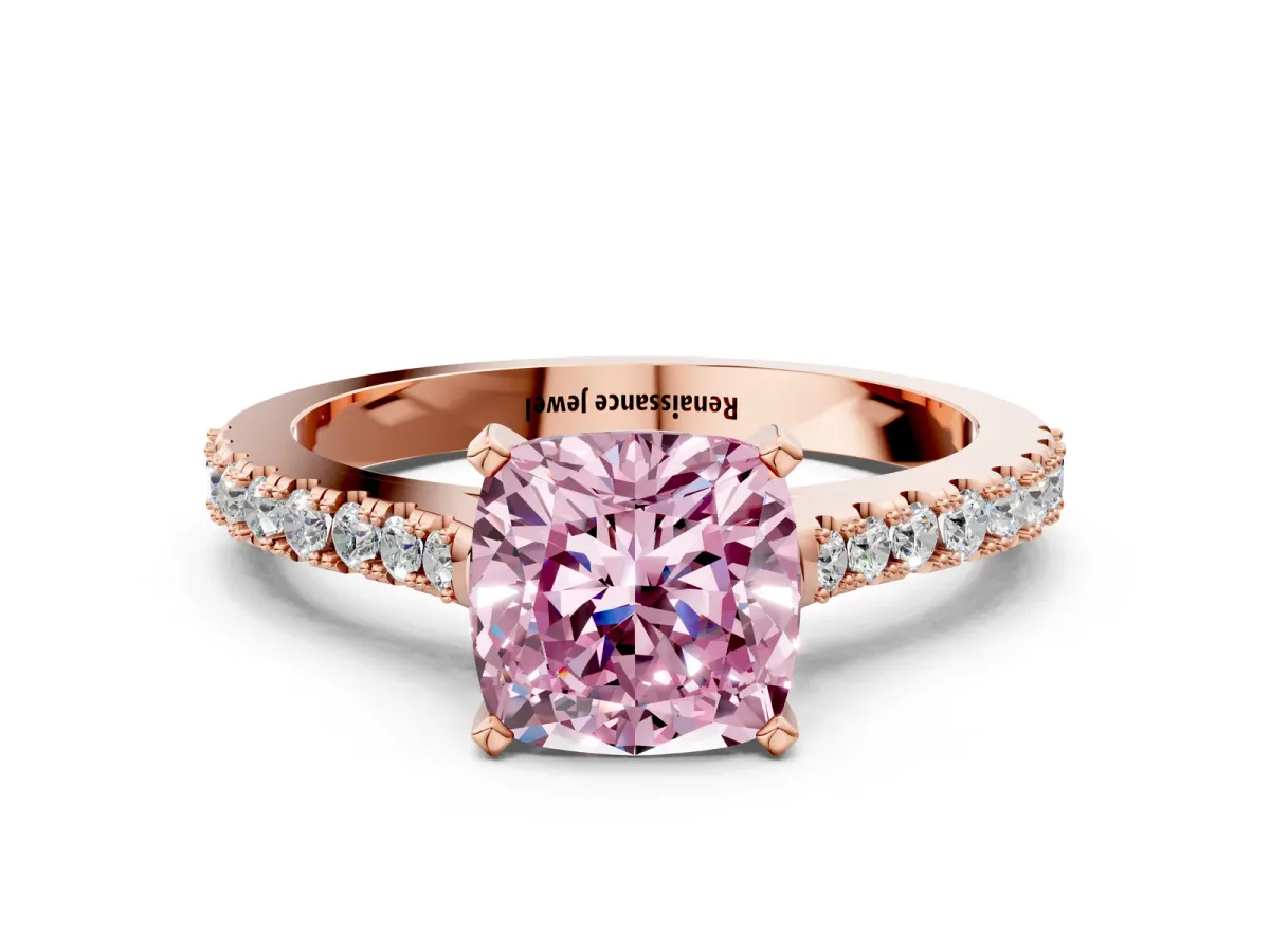 Fancy Pink Cushion Cut Cut Solitaire Diamond Engagement Ring with Pave Band and Four-Prong Setting Rose gold