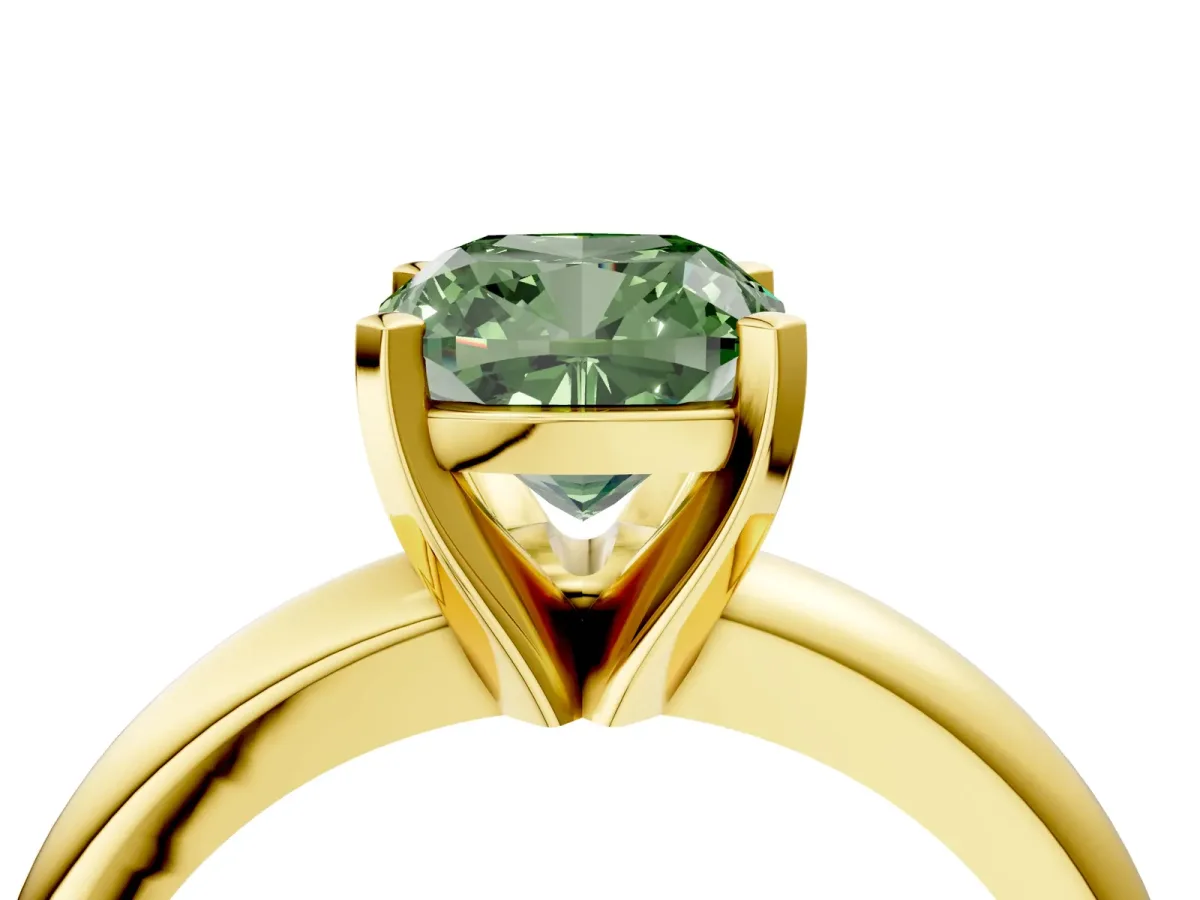 Fancy Green Cushion Cut Diamond Solitaire Engagement Ring with Round Band and Four-Prong Setting Yellow gold