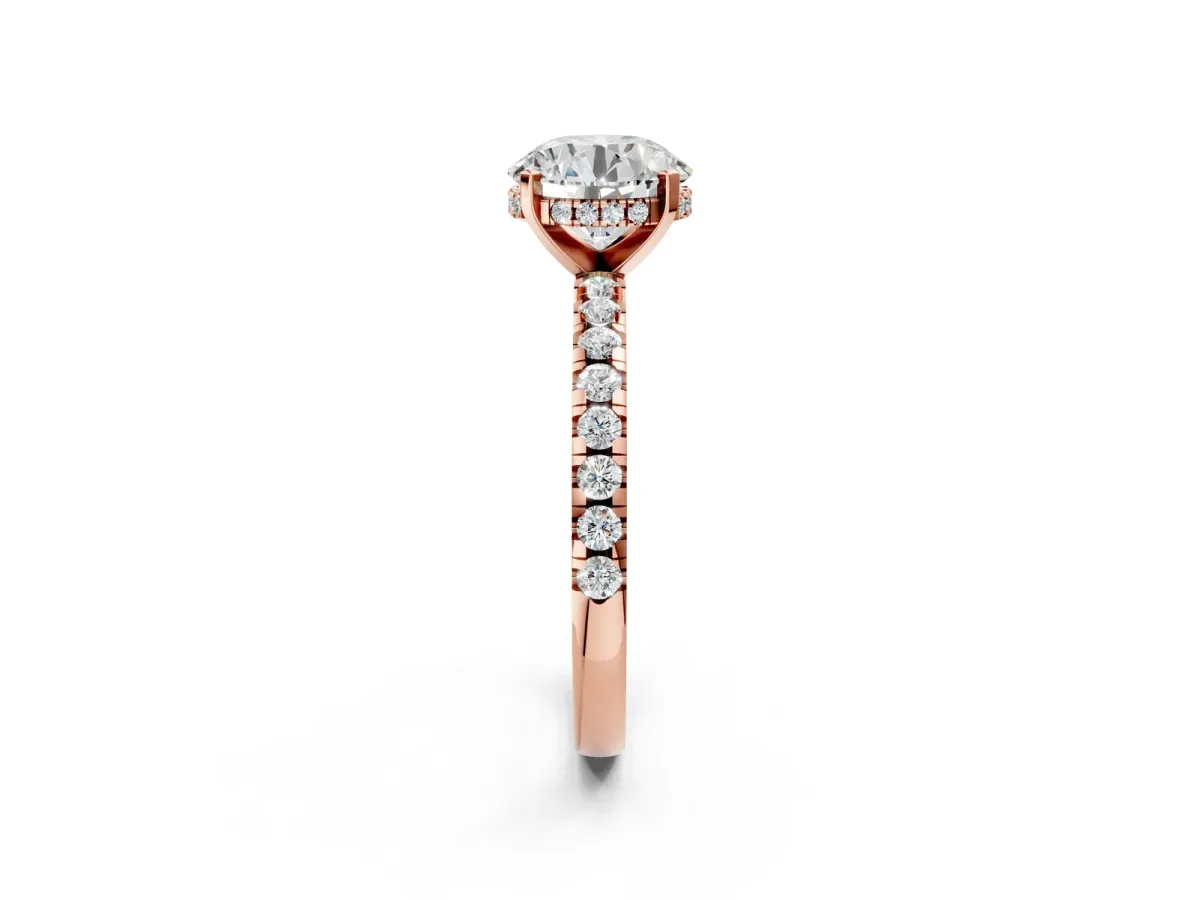 Round Cut Diamond Solitaire Ring with Round Moissanite Pavé Band and Four-Prong Setting Rose gold