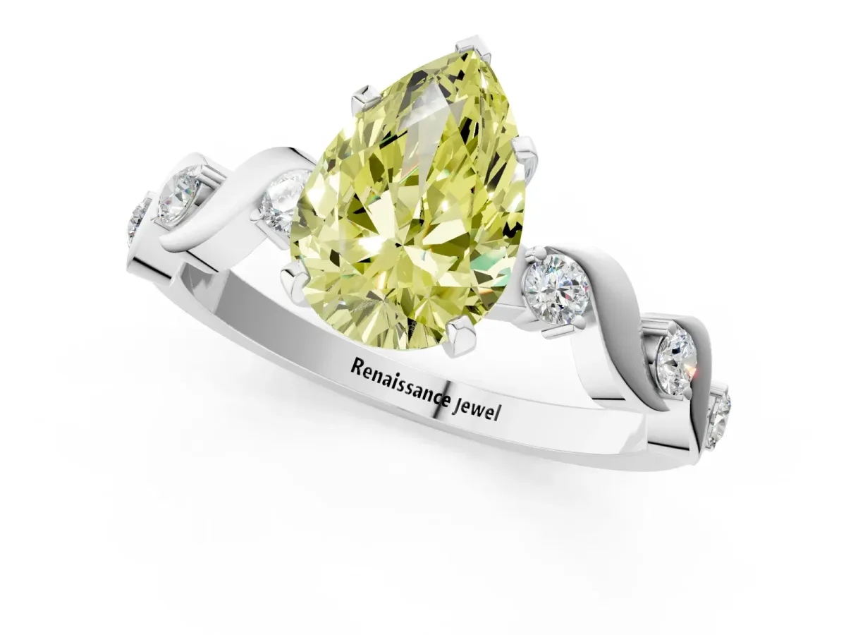 Fancy Yellow Pear Cut Diamond Solitaire Twisted Band with Round Accents and Prong Setting White gold