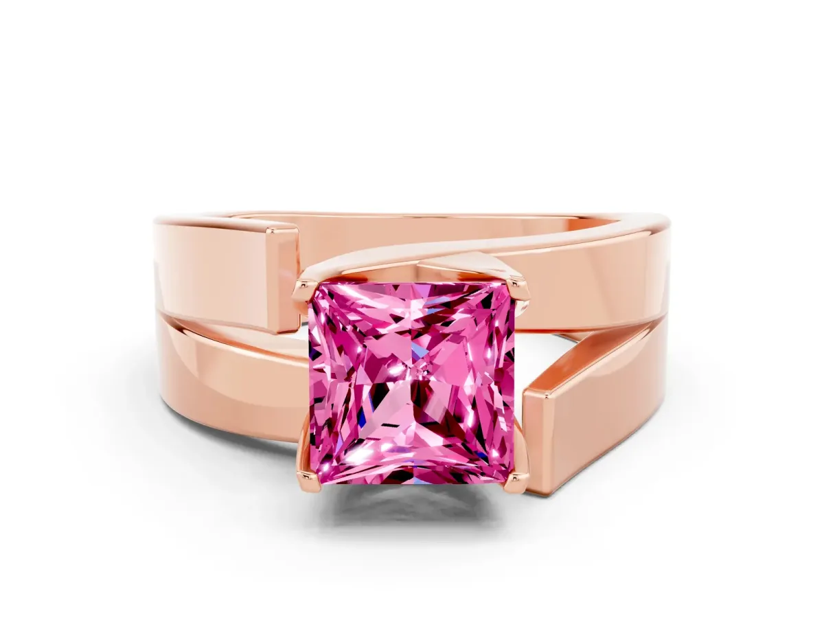 Modern Tension Set Princess Cut Pink Sapphire Solitaire Wide Band Ring Rose gold