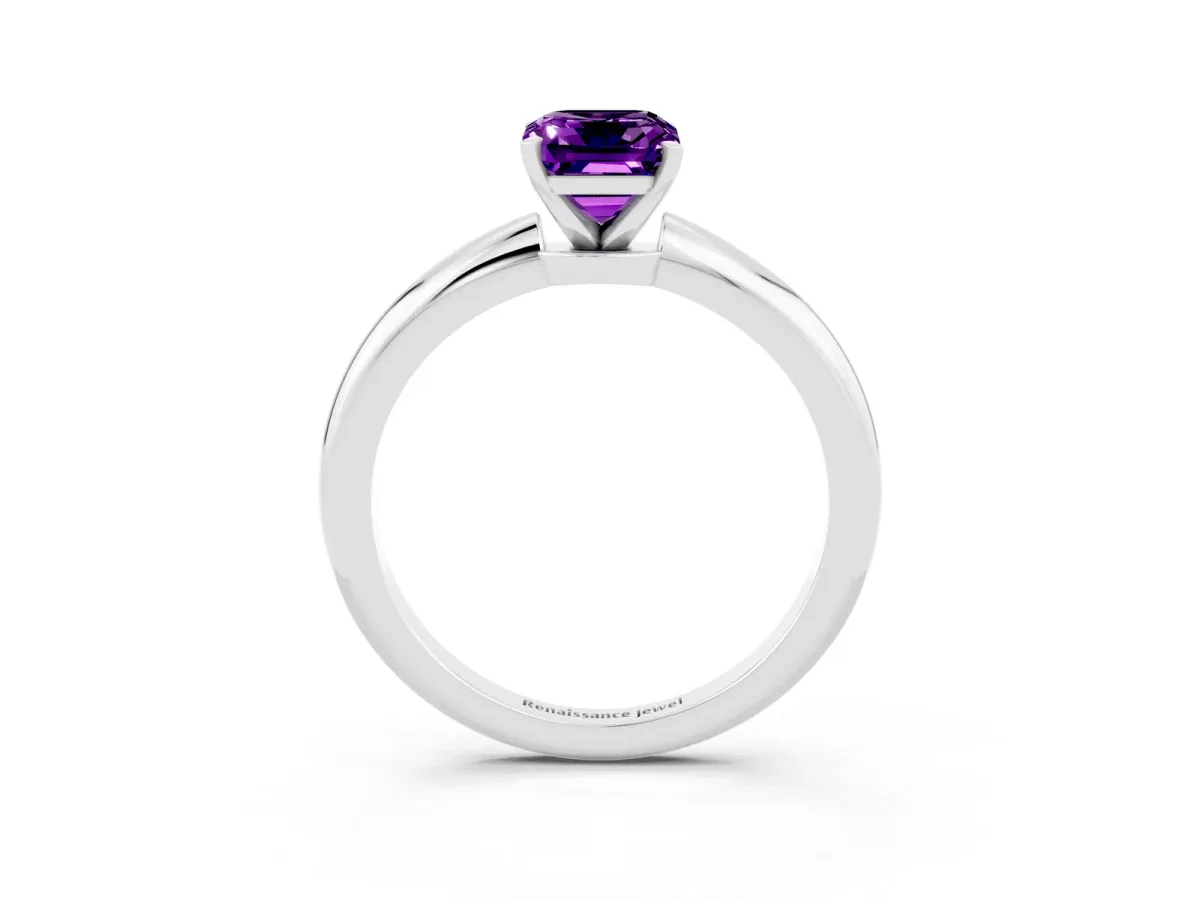 Emerald Cut Amethyst Solitaire Ring with Six-Prong Setting and Classic Band White gold