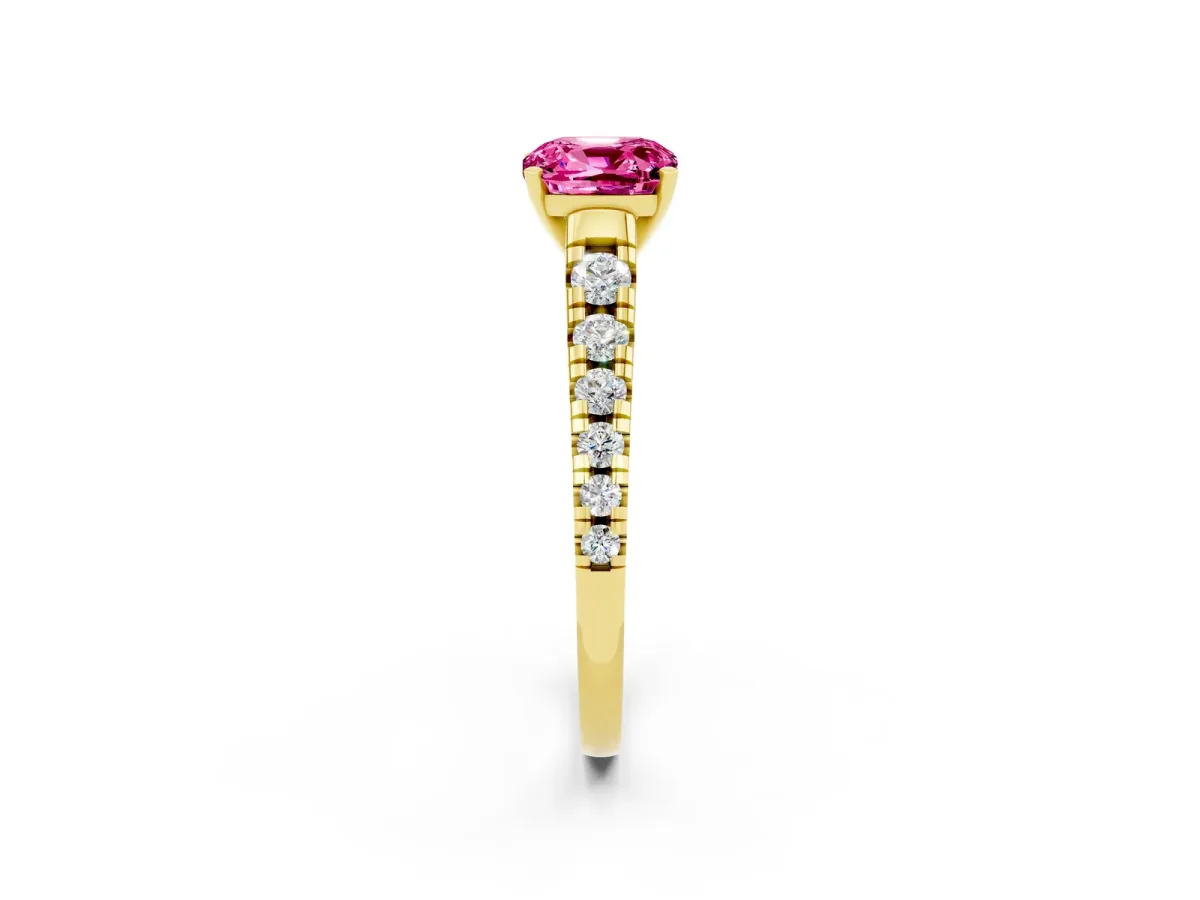 Cushion Cut Pink Sapphire Cathedral Solitaire Ring with Round Pavé Band Yellow gold