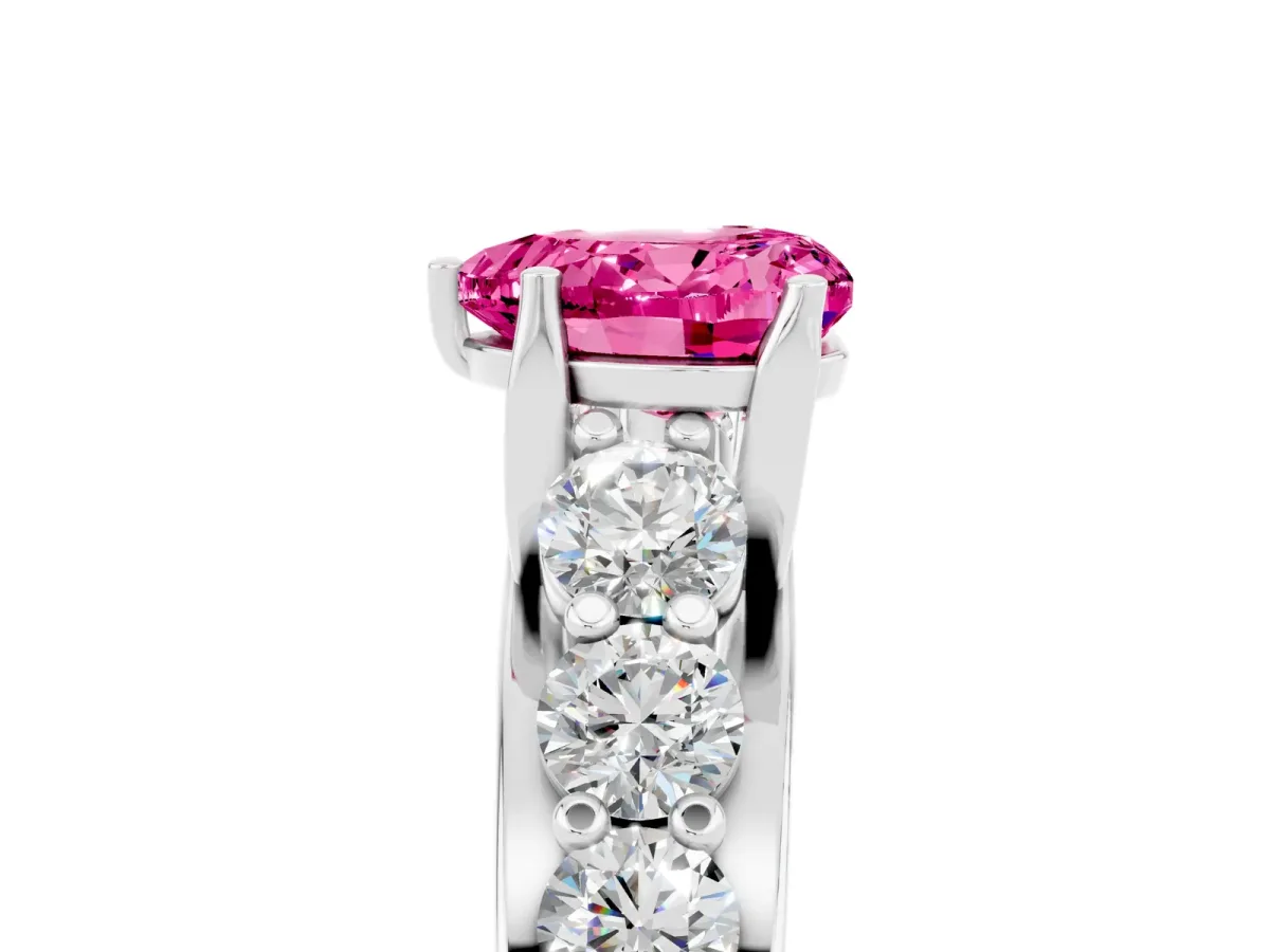 Heart Cut Pink Sapphire Engagement Ring with Pavé Band and Four-Prong Setting White gold