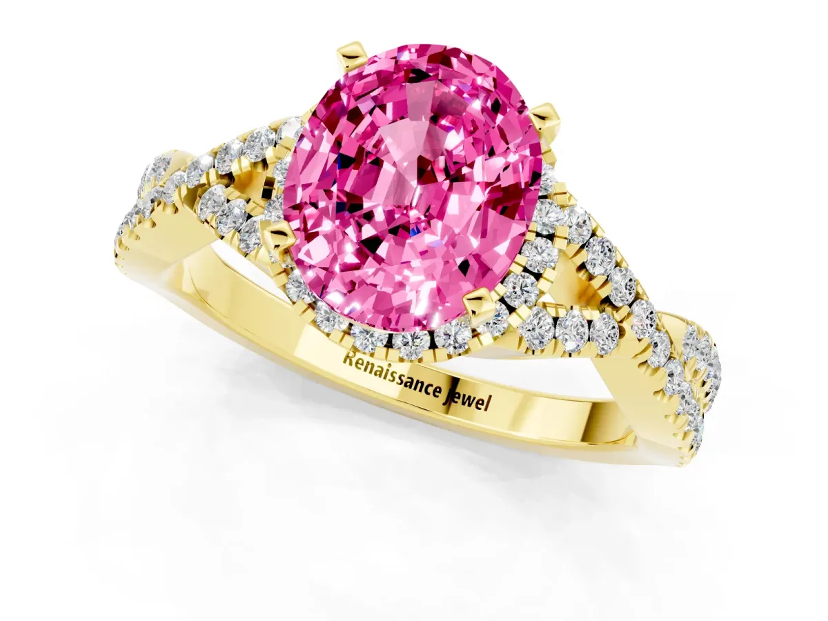 Oval Cut Pink Sapphire Halo Twist Band Solitaire Prong Setting Ring Yellow gold