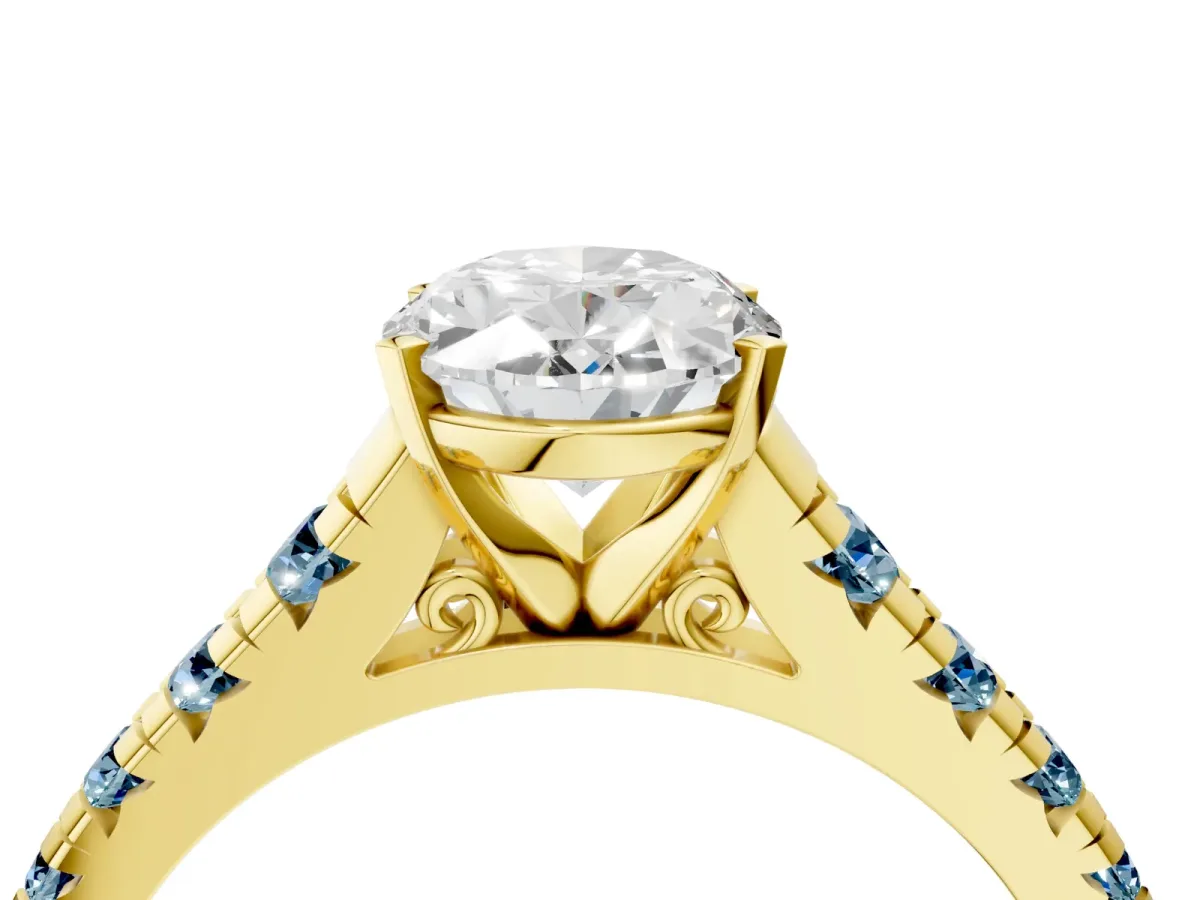 Oval Cut Diamond Cathedral Solitaire Ring with Round Aquamarine Pavé Band Yellow gold