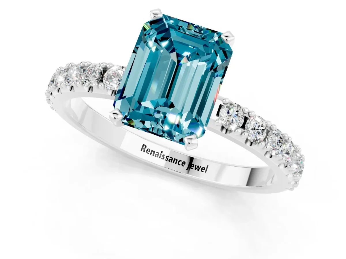 Emerald Cut Blue Topaz Solitaire Pavé Band with Four-Prong Setting Platinum