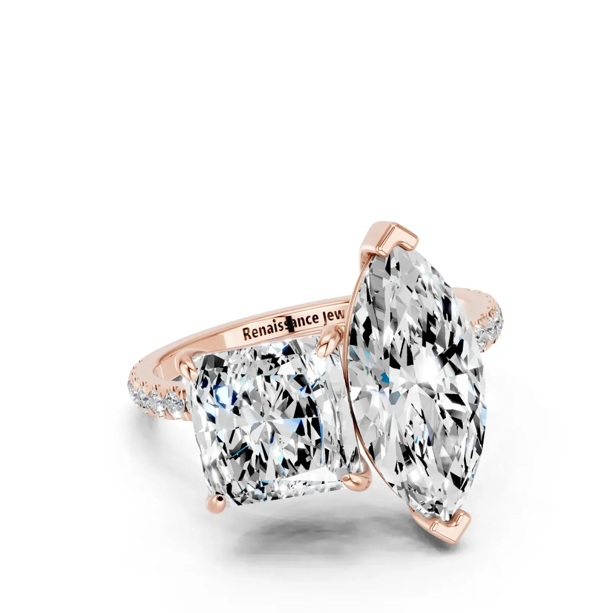Marquise and Princess Toi Moi Ring with Prong Setting and Pave Band Rose gold