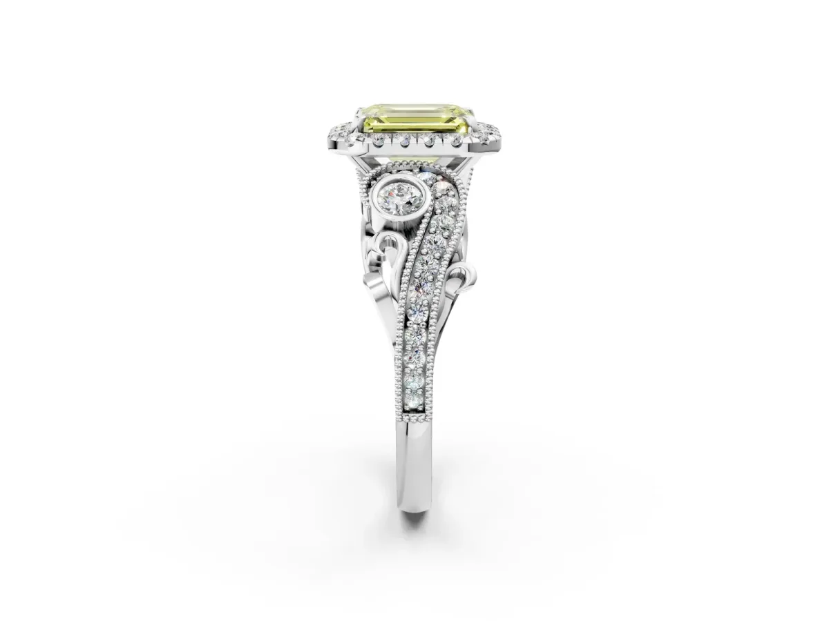 Fancy Yellow Emerald Cut Diamond Halo Ring with Milgrain Pavé Band and Four-Prong Setting White gold