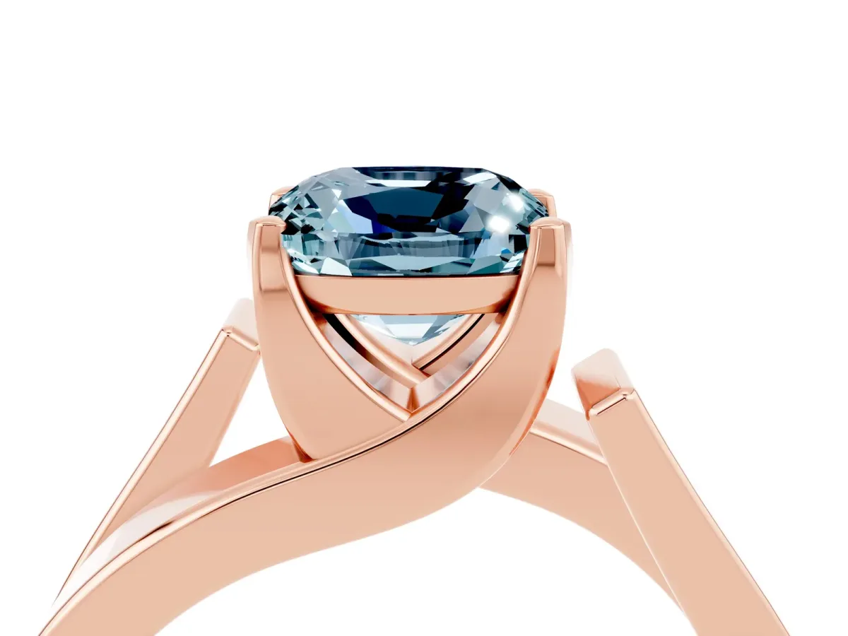 Modern Tension Set Cushion Cut Aquamarine Solitaire Wide Band Ring Rose gold