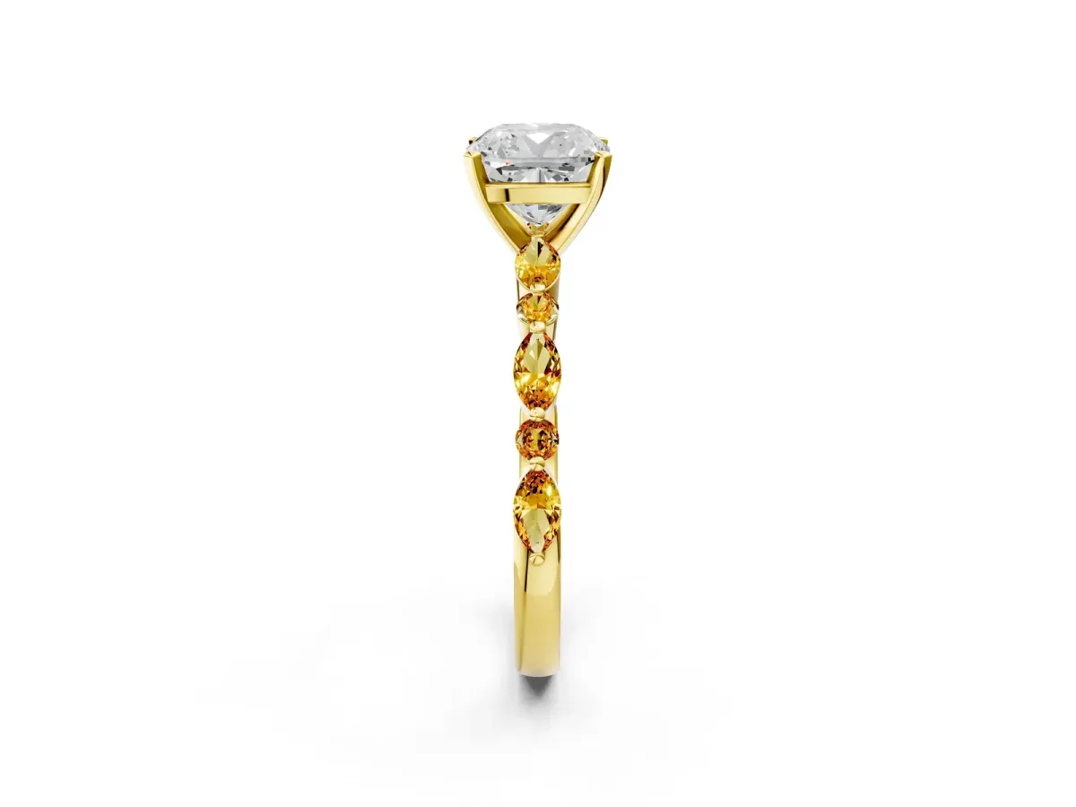 Cushion Cut Diamond Ring with Marquise and Round Citrine Side Stones and Four-Prong Setting Yellow gold