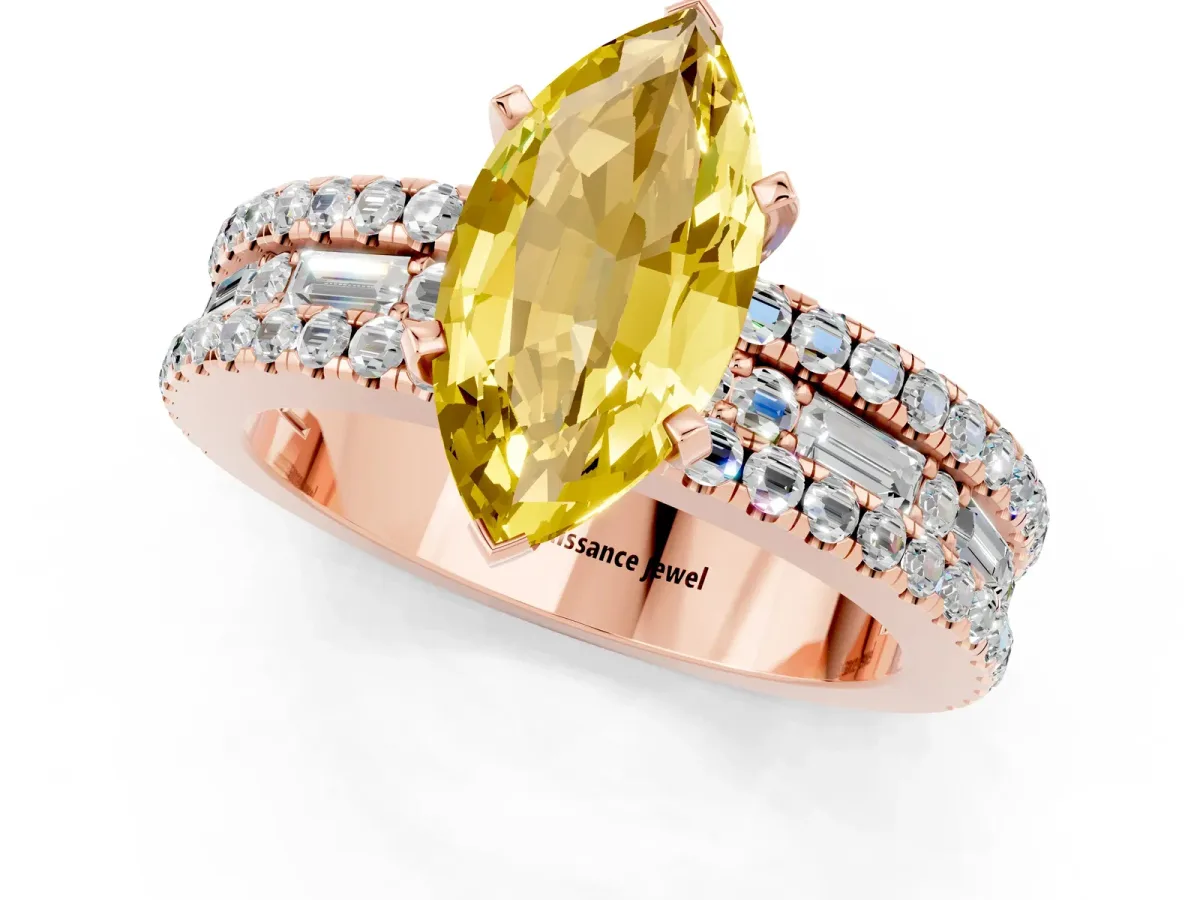 Marquise Cut Yellow Sapphire Solitaire Ring with Pavé and Channel Set Band Rose gold