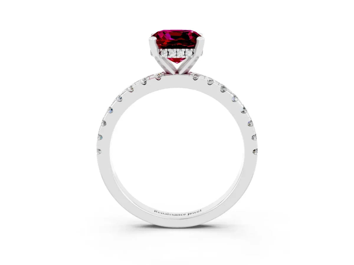 Cushion Cut Garnet Solitaire Ring with Round Pavé Band and Four-Prong Setting Silver
