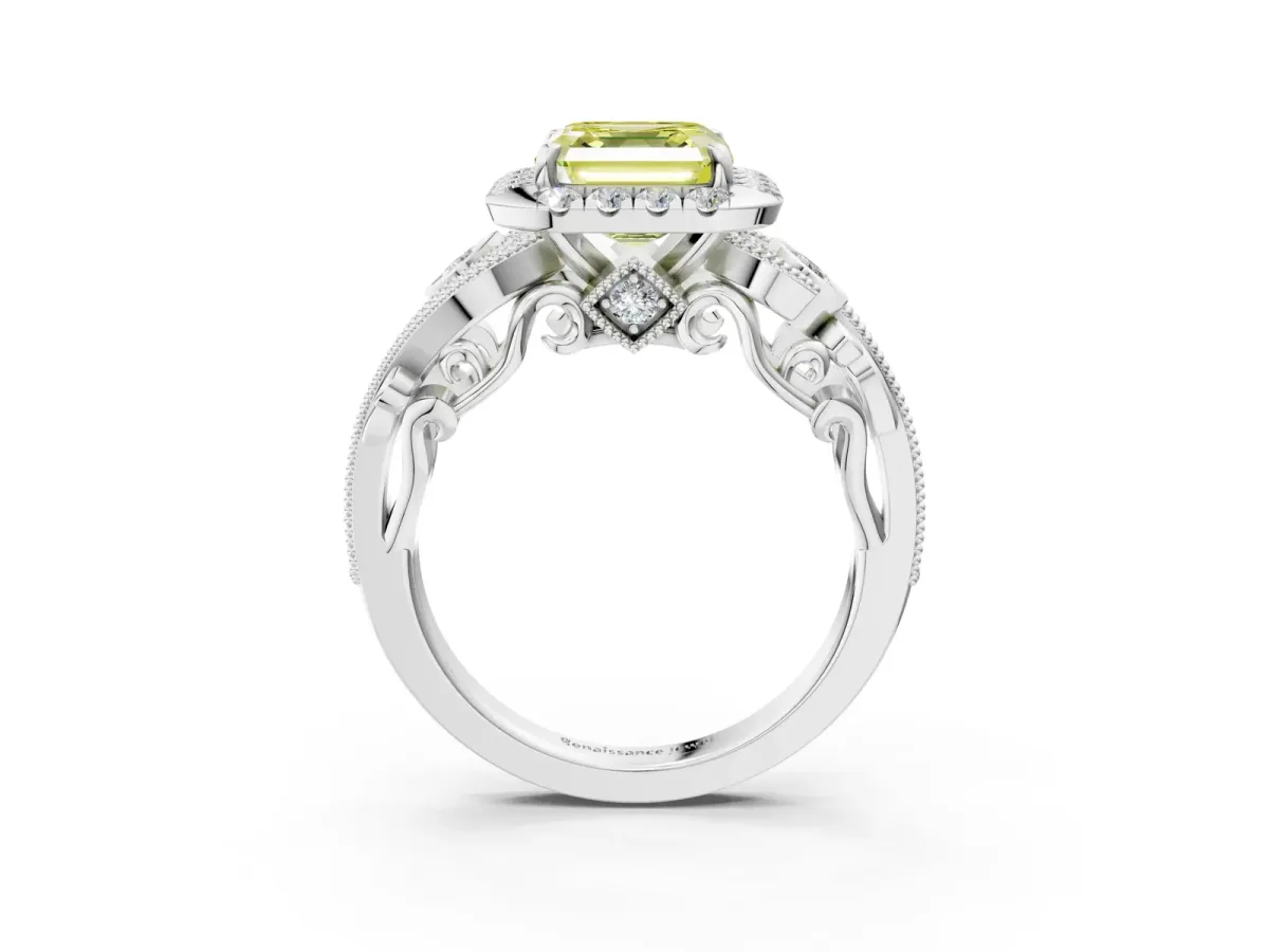 Fancy Yellow Asscher Cut Diamond Halo Ring with Milgrain Pavé Band and Four-Prong Setting White gold