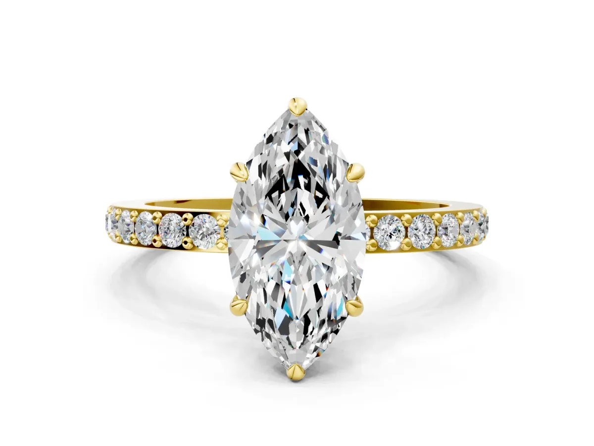 Marquise Cut Diamond Solitaire Engagement Ring with Pavé Band and Four-Prong Setting Yellow gold