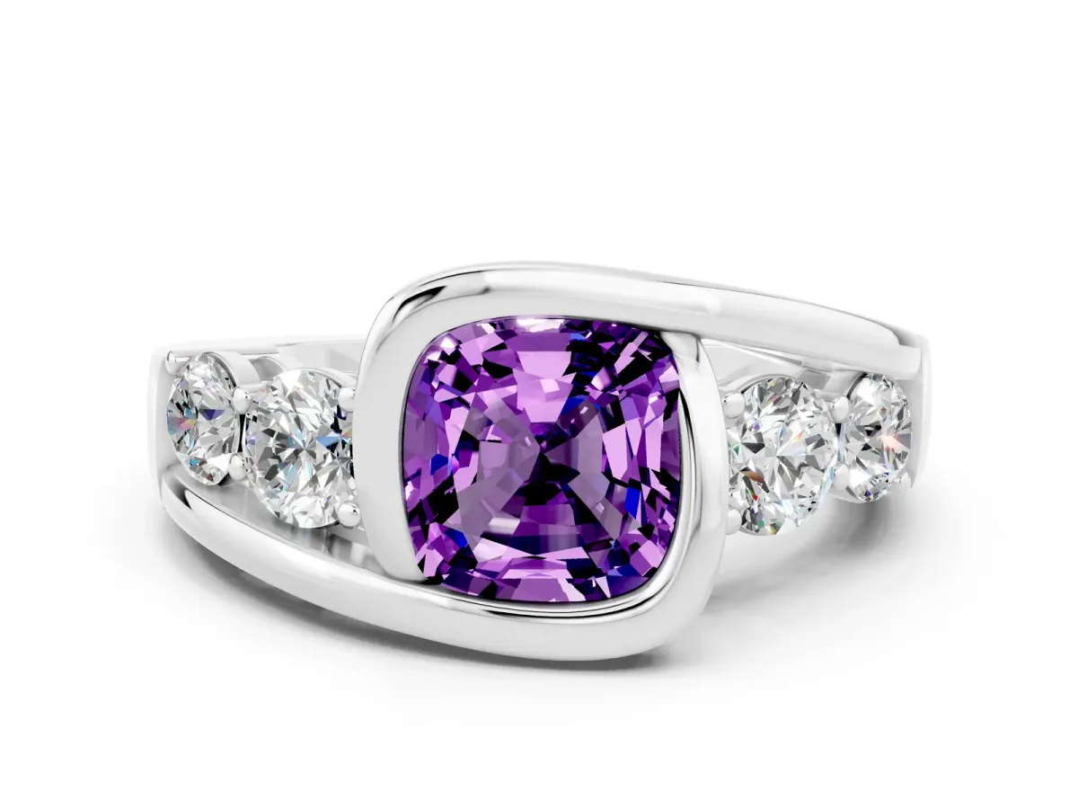 Bezel Set Cushion Cut Amethyst Bypass Ring with Round Accents Silver