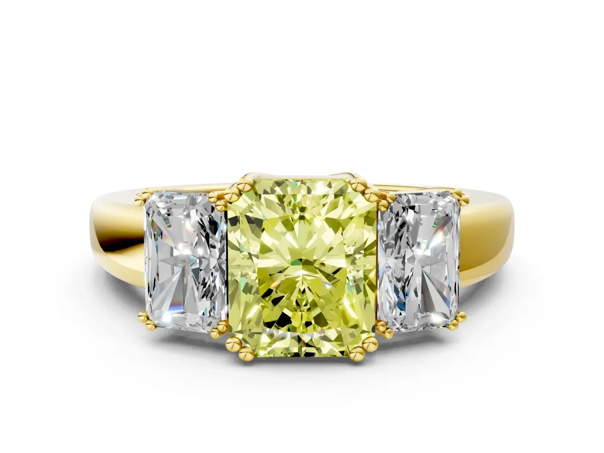 Fancy Yellow Three-Stone Radiant Cut Cut Diamond Ring with Channel Set Band and Four-Prong Setting Yellow gold