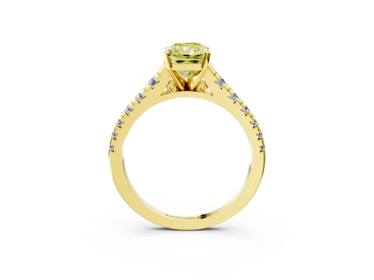 Fancy Yellow Radiant Cut Diamond Cathedral Solitaire Ring with Round Pavé Band Yellow gold