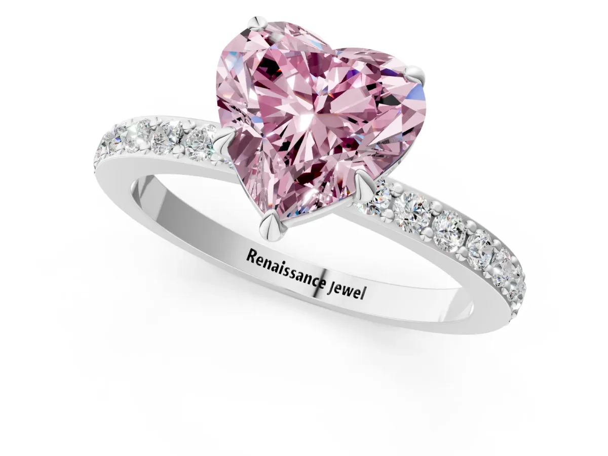 Fancy Pink Heart Cut Diamond Solitaire Engagement Ring with Pavé Band and Four-Prong Setting White gold