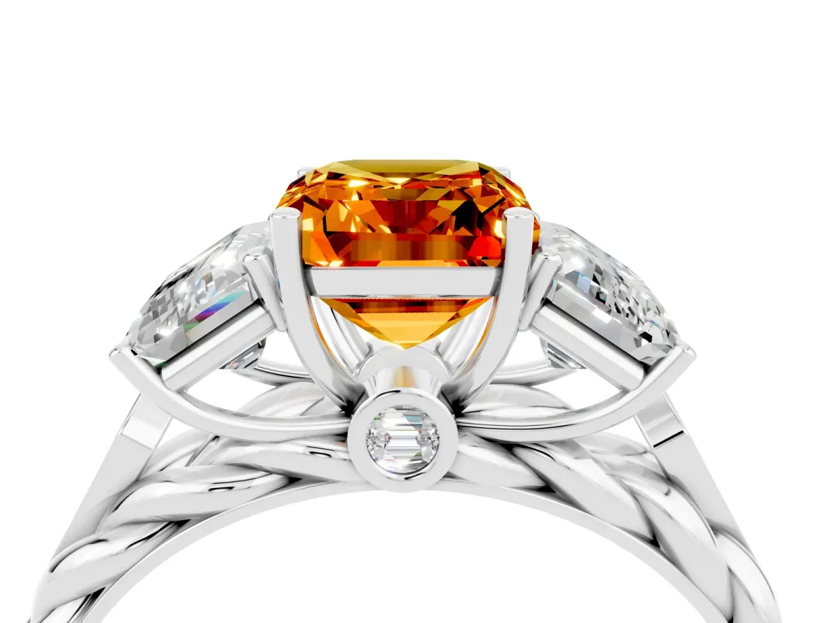 Three-Stone Emerald Cut Citrine Braided Band Ring with Four-Prong Setting Silver