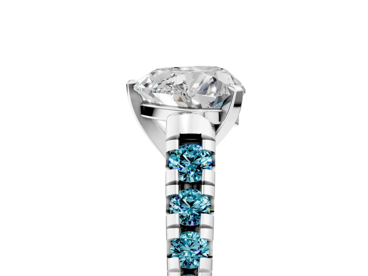 Heart Cut Diamond Cathedral Solitaire Ring with Round Blue Topaz Pavé Band White gold