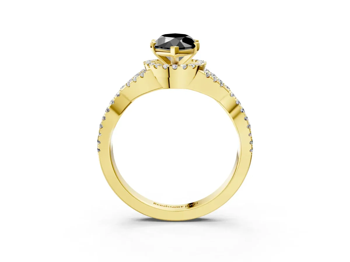 Fancy Black Marquise Cut Diamond Halo Twist Band Solitaire Prong Setting Ring Yellow gold