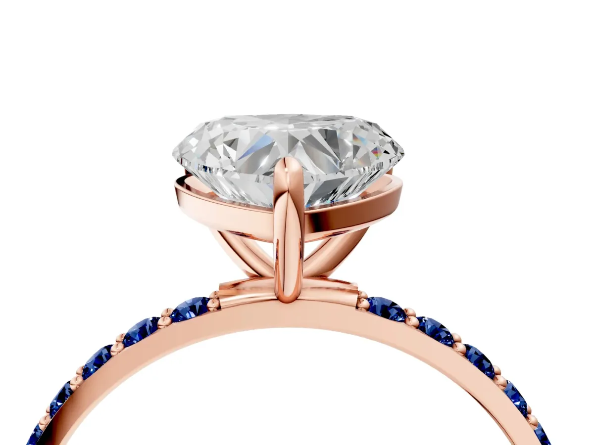 Heart Cut Diamond Solitaire Ring with Round Blue Sapphire Pavé Band and Prong Setting Rose gold