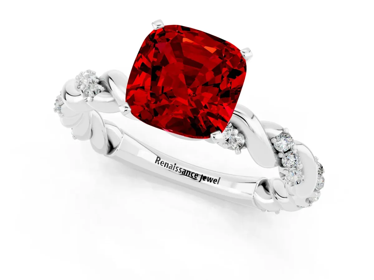 Cushion Cut Ruby Solitaire Ring with Twisted Band and Pavé Accents White gold