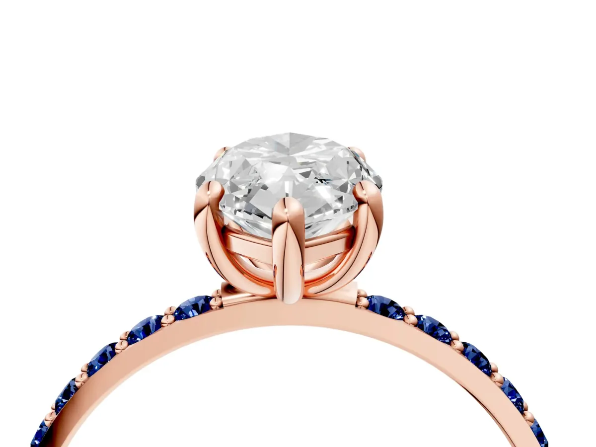 Marquise Cut Diamond Solitaire Ring with Round Blue Sapphire Pavé Band and Prong Setting Rose gold
