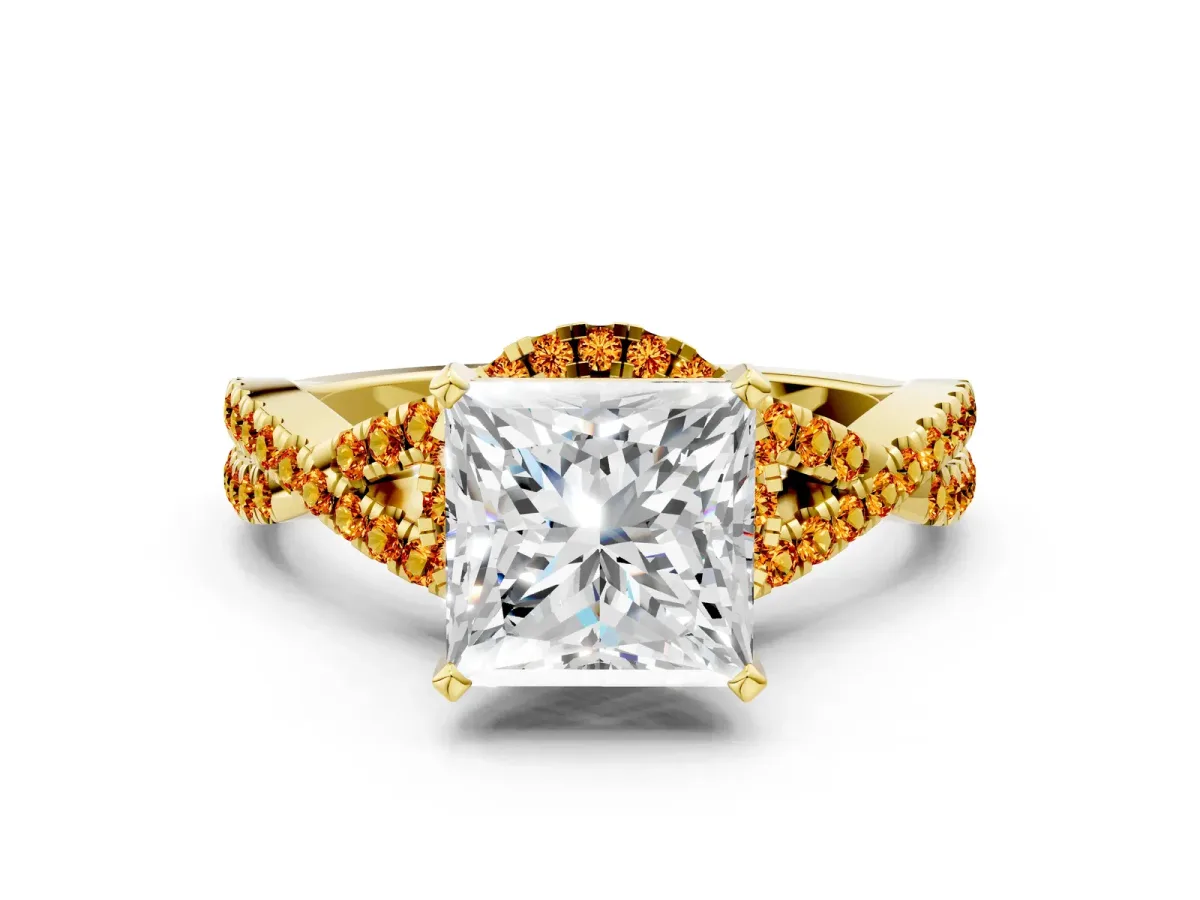 Princess Cut Diamond Citrine Halo Twist Band Solitaire Prong Setting Ring Yellow gold