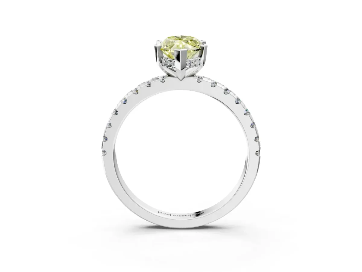 Fancy Yellow Marquise Cut Diamond Solitaire Ring with Round Pavé Band and Four-Prong Setting White gold