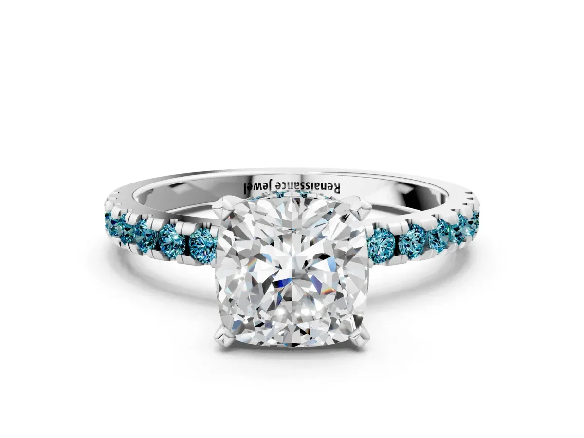 Cushion Cut Diamond Solitaire Ring with Round Blue Topaz Pavé Band and Four-Prong Setting White gold
