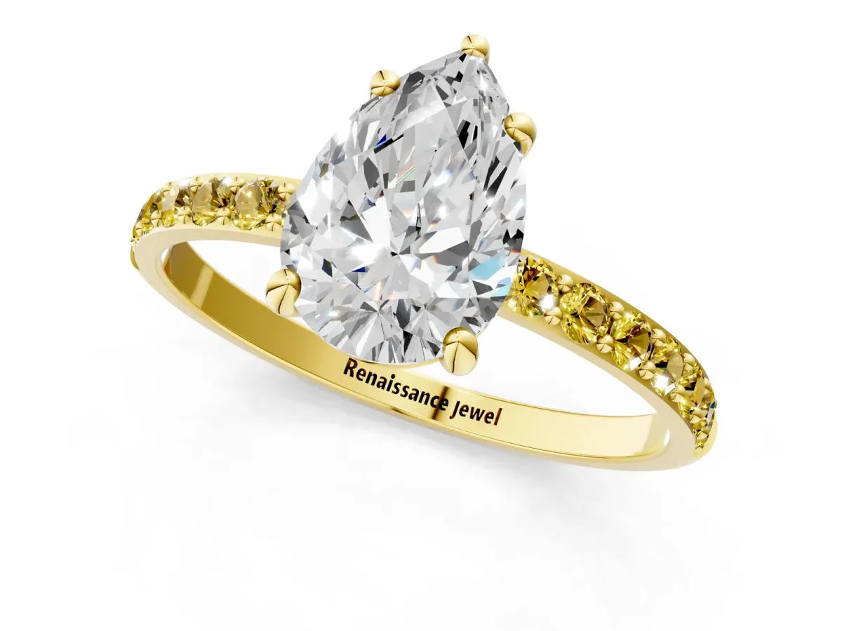 Pear Cut Diamond Solitaire Ring with Round Yellow Sapphire Pavé Band and Prong Setting Yellow gold