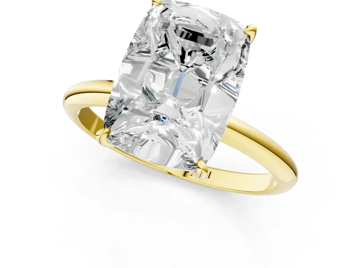 Old Mine Elongated Cushion Diamond Classic Band Four Prong Solitaire Ring Yellow gold
