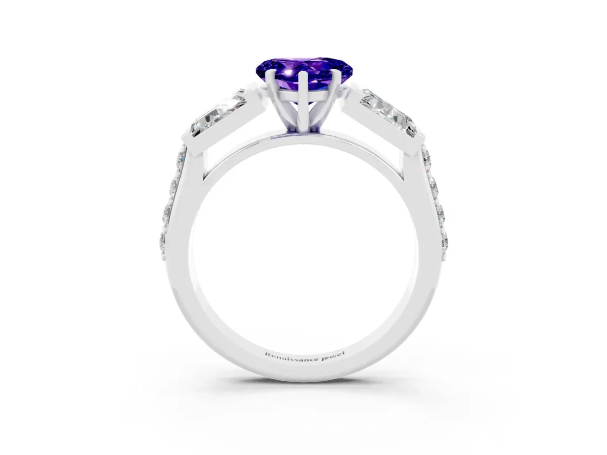 Heart Cut Tanzanite Engagement Ring with Baguette Side Stones and Channel Set Band Platinum