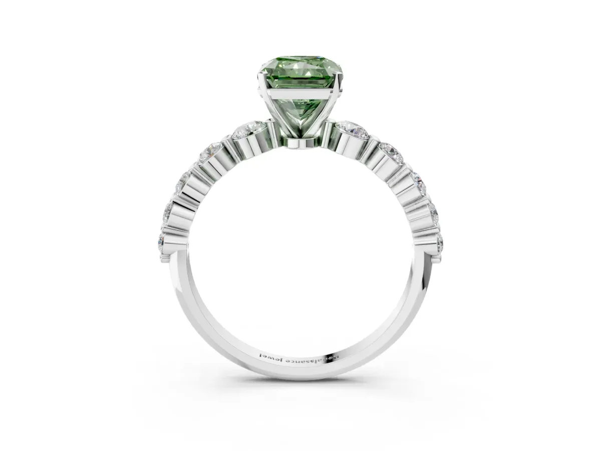 Fancy Green Radiant Cut Solitaire Diamond Ring with Pave Band and Four-Prong Setting Silver