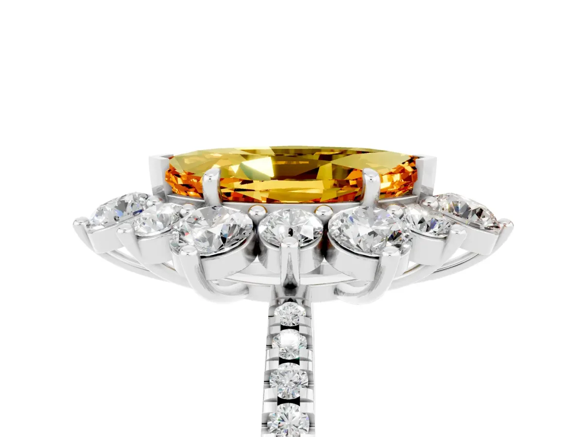 Marquise Cut Citrine Floral Halo Ring with Round Pavé Band and Prong Setting Platinum
