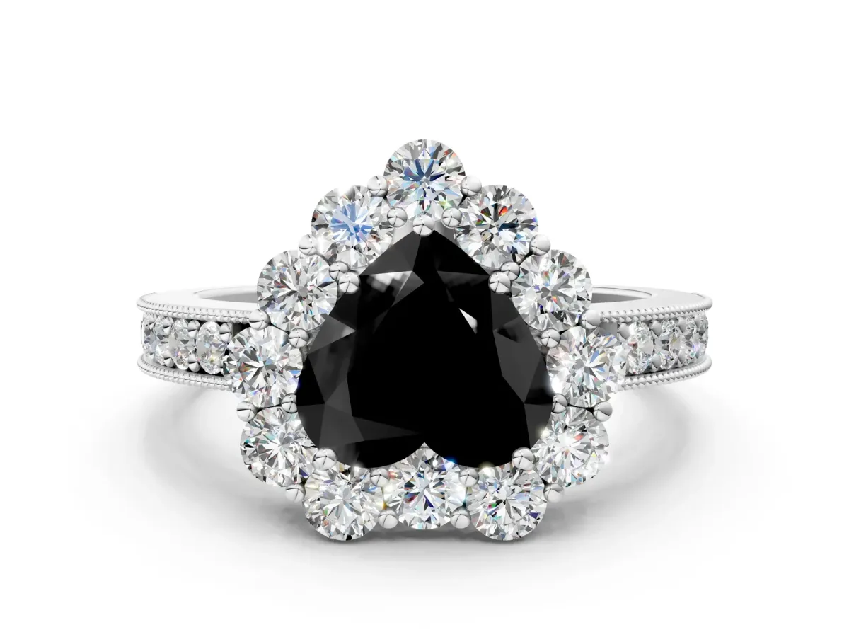 Fancy Black Heart Cut Cut Halo Diamond Pavé Engagement Ring with Milgrain Detailing Platinum