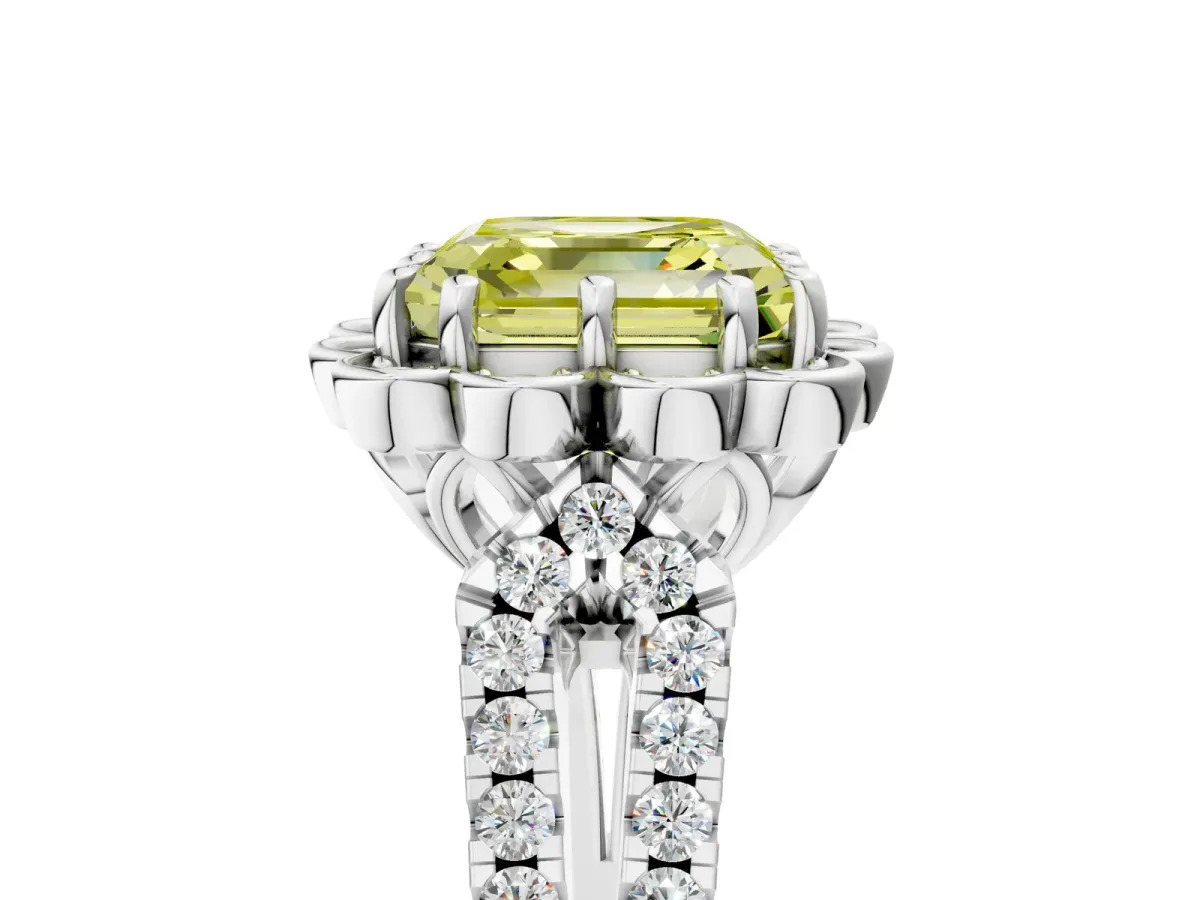 Fancy Yellow Asscher Cut Halo Diamond Floral Split Shank Engagement Ring Platinum
