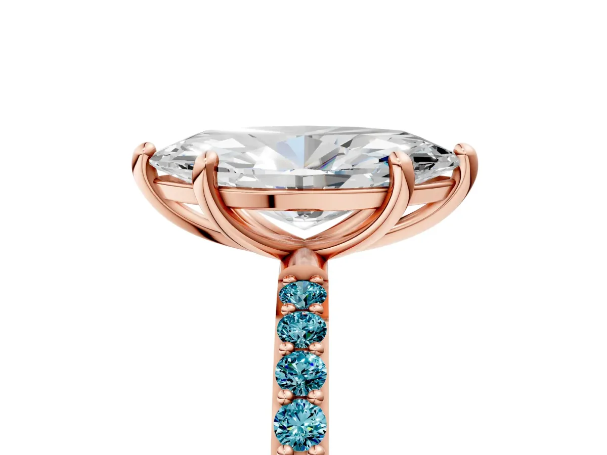 Marquise Cut Diamond Solitaire Ring with Round Blue Topaz Pavé Band and Prong Setting Rose gold